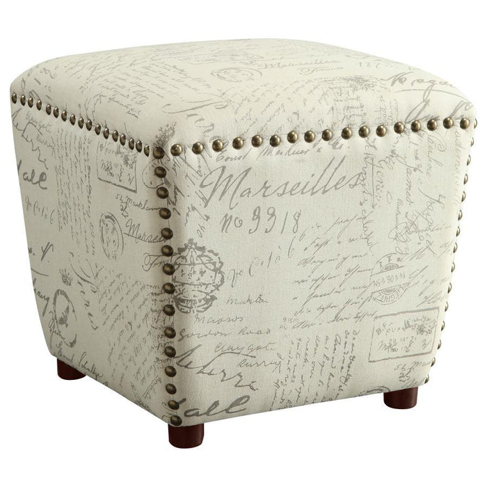 Lucy - Upholstered Ottoman With Nailhead Trim - Off White And Gray