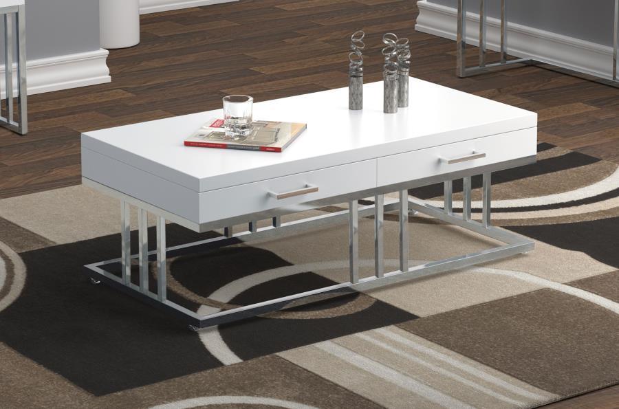 Dalya - 2-Drawer Rectangular Coffee Table - Glossy White and Chrome