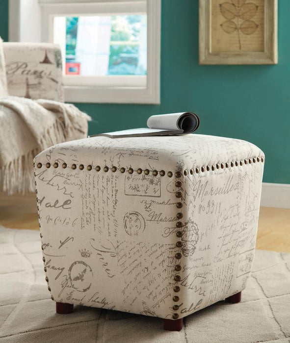 Lucy - Upholstered Ottoman With Nailhead Trim - Off White And Gray