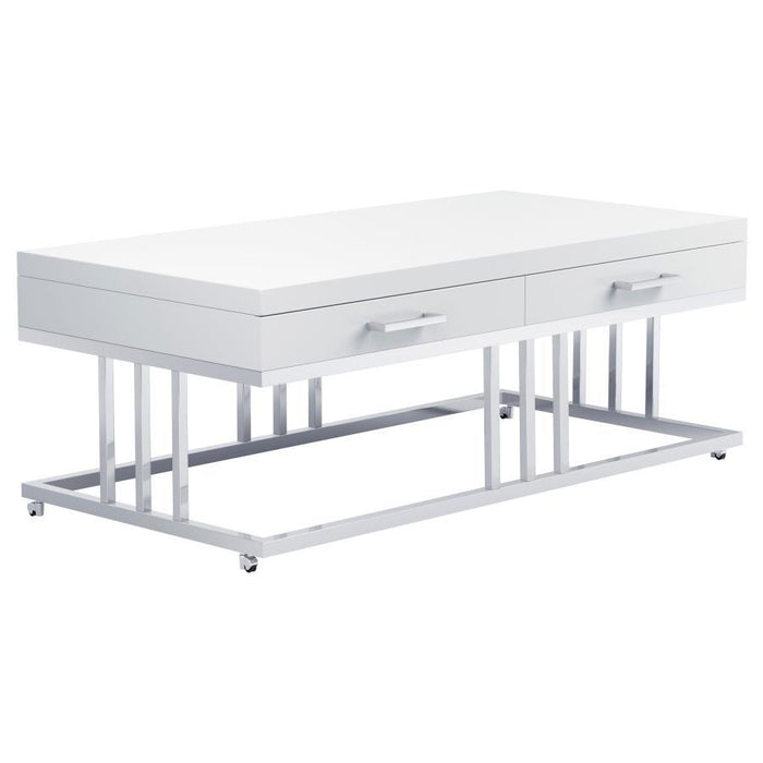 Dalya - 2-Drawer Rectangular Coffee Table - Glossy White and Chrome