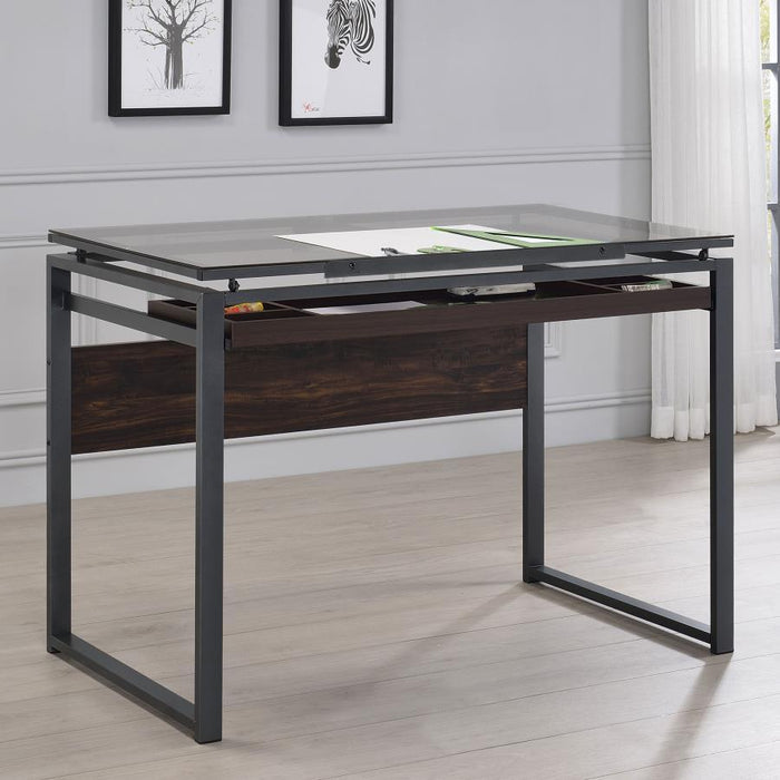 Pantano - Glass Top Drafting Desk - Dark - Gunmetal And Chestnut