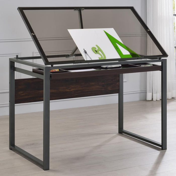 Pantano - Glass Top Drafting Desk - Dark - Gunmetal And Chestnut