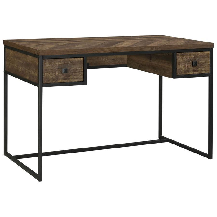 Millbrook - 2-Drawer Writing Desk - Rustic Oak Herringbone and Gunmetal